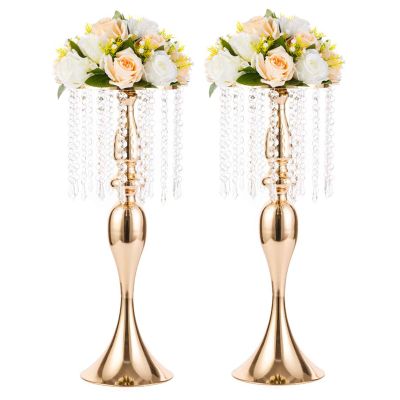2 Pcs 21.3 inches Tall Crystal Flower Stand Wedding Road Lead Flowers Holders Centerpiece Metal Chandelier for Reception Tables Supplies