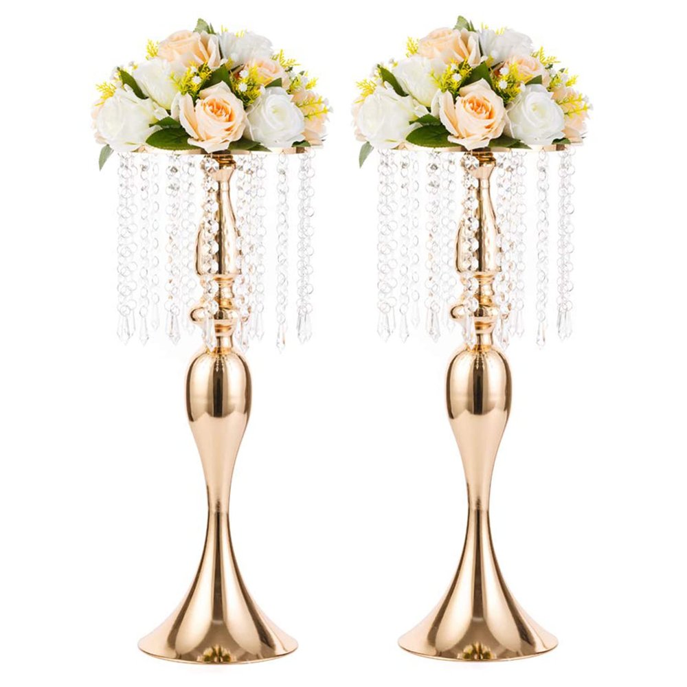 2 Pcs 21.3 inches Tall Crystal Flower Stand Wedding Road Lead Flowers Holders Centerpiece Metal Chandelier for Reception Tables Supplies