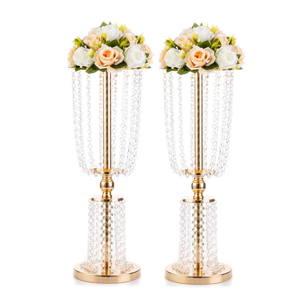 2 Pcs 23.75 inches Gold Vases for Centerpieces Tall Crystal Metal Vase Flower Stand Holders Wedding Centerpiece Chandelier for Reception Tables Wedding Supplies