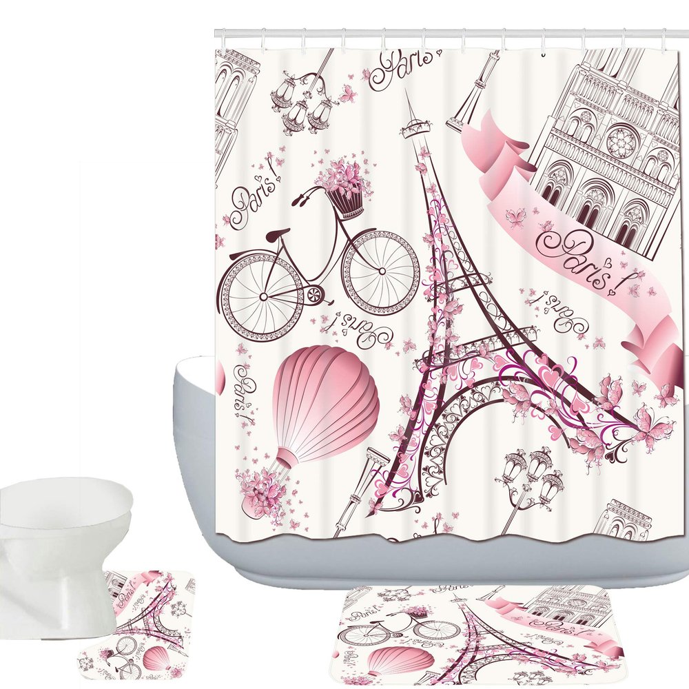 Amagical Paris Eiffel Tower Decor 3 Piece Bathroom Mat Set Shower Curtain Set Paris Tower with Pink Flowers and Butterflies Hot Air Balloon Bath Mat Contour Mat Shower Curtain 12 Hooks