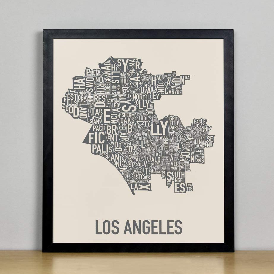 Framed Los Angeles Neighborhoods Map Art Screen Print, Ivory & Grey, 11" x 14" in Black Frame