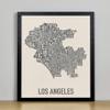 Framed Los Angeles Neighborhoods Map Art Screen Print, Ivory & Grey, 11" x 14" in Black Frame view 1