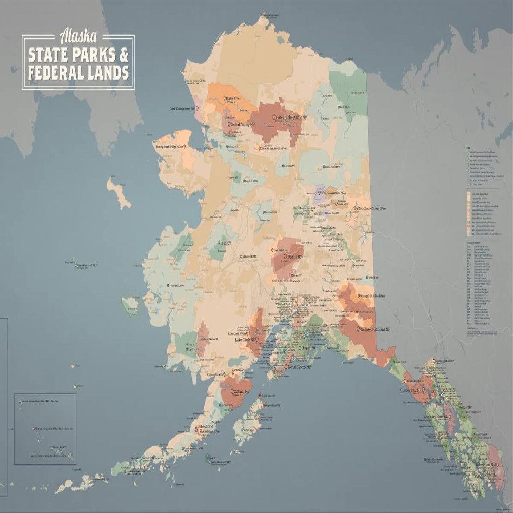 Alaska State Parks & Federal Lands Map 24x36 Poster (Tan & Slate Blue)