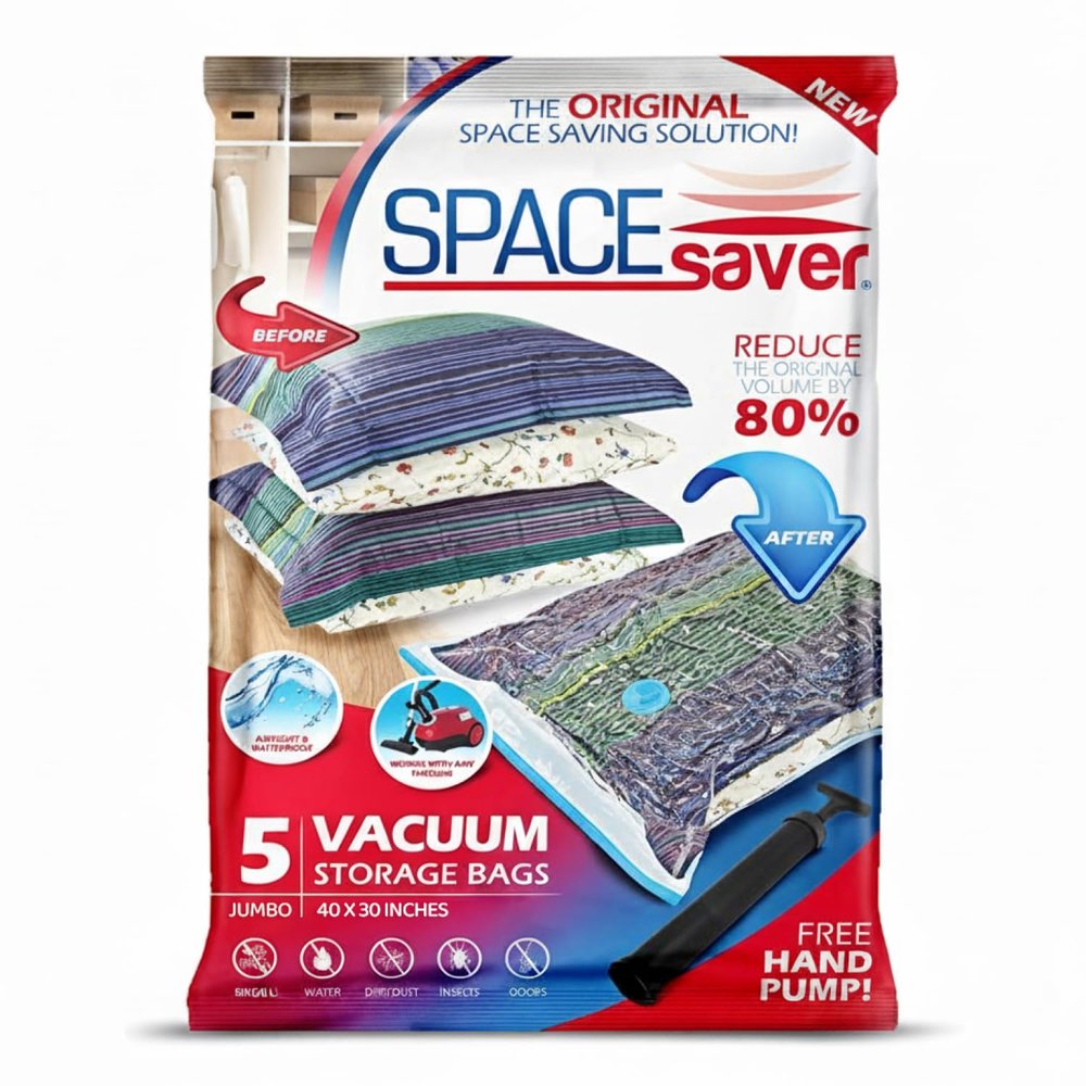 5 Pack Jumbo Vacuum Storage Bags for Comforters, Blankets & Clothes  Jumbo Vacuum Sealed Compression Bags with Hand Pump  Space Saver Storage Bags for Bedding, Moving, Travel & Organization