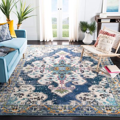 SAFAVIEH Area Rug 8x10 - Madison Collection - Large - Navy & Grey, Boho Chic Medallion Distressed Design, Non-Shedding & Easy Cleaning, Ideal for Living Room, Bedroom, Office, Dining Space (MAD452M)