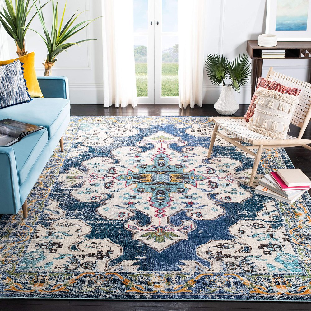 SAFAVIEH Area Rug 8x10 - Madison Collection - Large - Navy & Grey, Boho Chic Medallion Distressed Design, Non-Shedding & Easy Cleaning, Ideal for Living Room, Bedroom, Office, Dining Space (MAD452M)