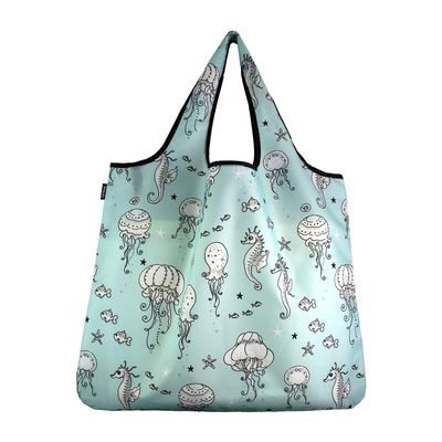 YaYbag Jumbo Reusable Bags, Fashionable Heavy-Duty Shopping & Grocery Bags, Washable & Foldable, 55 lb Capacity, Jellyfish & Seahorses