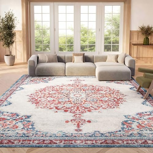 SAFAVIEH Area Rug 8x10 - Brentwood Collection - Large - Ivory & Red, Medallion Distressed Design, Non-Shedding & Easy Cleaning, Ideal for Living Room, Bedroom, Office, Dining Space (BNT867A)
