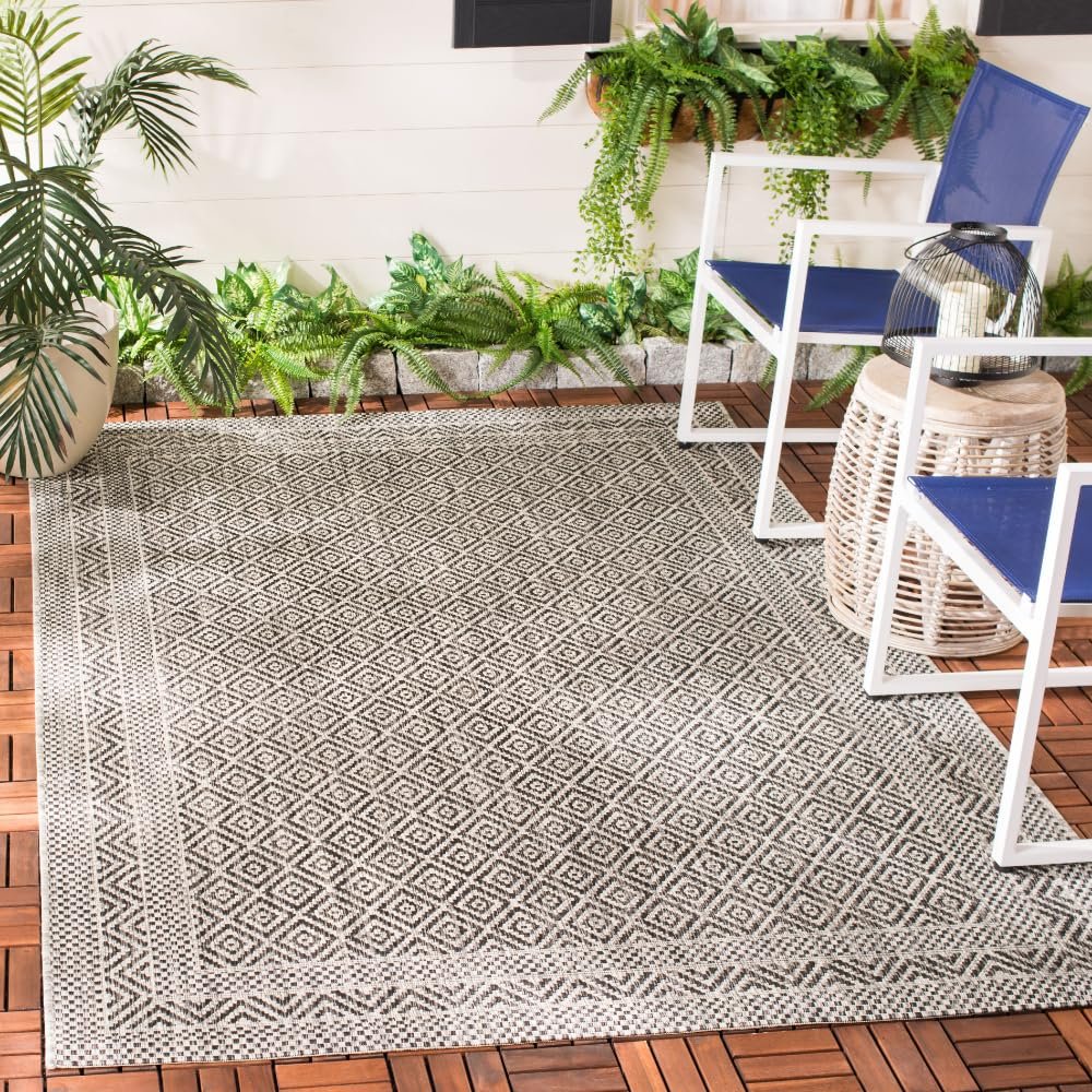 SAFAVIEH Washable Rug Outdoor Courtyard Collection - 5'3" x 7'7", Grey & Black, Non-Shedding & Easy Cleaning, Ideal for Patio, Backyard, Mudroom (CY8364-37612)