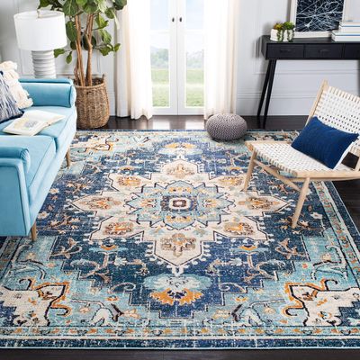 SAFAVIEH Area Rug 8x10 - Madison Collection - Large - Blue & Light Blue, Boho Chic Medallion Distressed Design, Non-Shedding & Easy Cleaning, Ideal for Living Room, Bedroom, Dining Space (MAD473M)