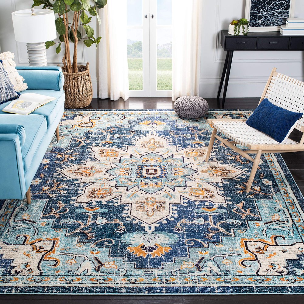 SAFAVIEH Area Rug 8x10 - Madison Collection - Large - Blue & Light Blue, Boho Chic Medallion Distressed Design, Non-Shedding & Easy Cleaning, Ideal for Living Room, Bedroom, Dining Space (MAD473M)