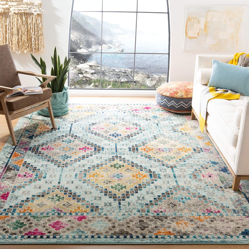 SAFAVIEH Area Rug 8x10 - Madison Collection - Large - Blue & Yellow, Boho Diamond Distressed Design, Non-Shedding & Easy Cleaning, Ideal for Living Room, Bedroom, Office, Dining Space (MAD418K)