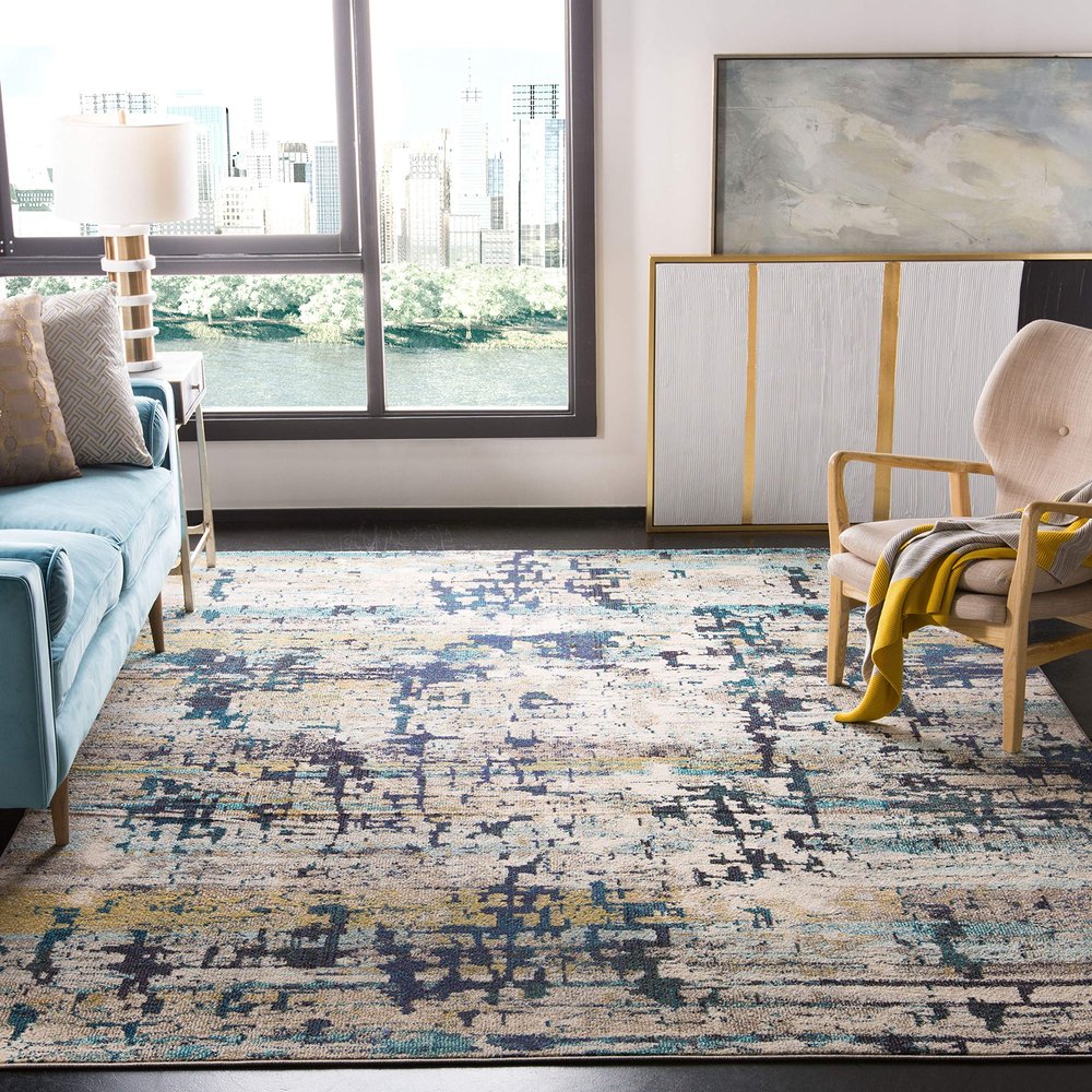 SAFAVIEH Area Rug 8x10 - Madison Collection - Large - Cream & Blue, Modern Abstract Design, Non-Shedding & Easy Cleaning, Ideal for Living Room, Bedroom, Office, Dining Space (MAD469B)