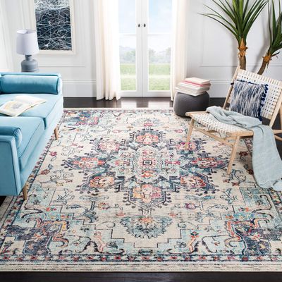 SAFAVIEH Area Rug 8x10 - Madison Collection - Large - Cream & Blue, Boho Chic Distressed Medallion Design, Non-Shedding & Easy to Clean, Ideal for Living Room, Bedroom, Dining Space (MAD473B)