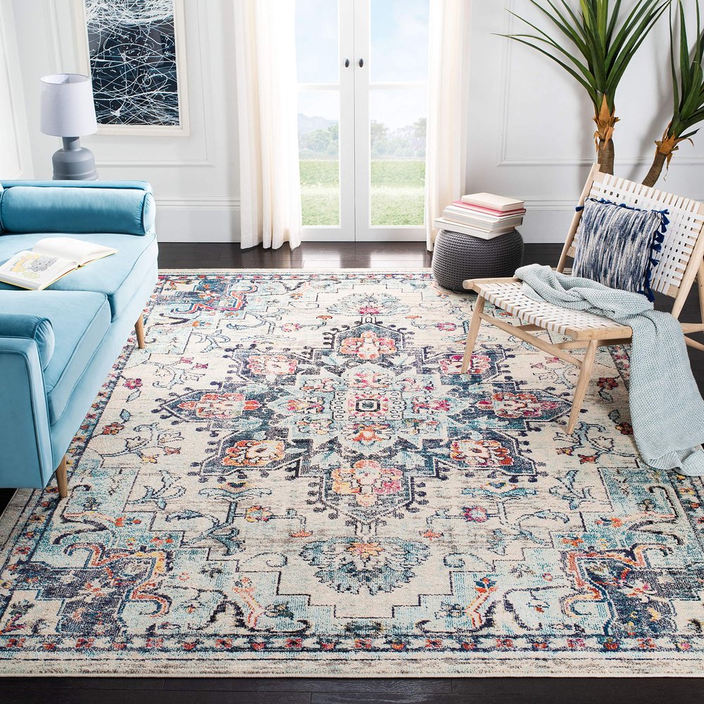 SAFAVIEH Area Rug 8x10 - Madison Collection - Large - Cream & Blue, Boho Chic Distressed Medallion Design, Non-Shedding & Easy to Clean, Ideal for Living Room, Bedroom, Dining Space (MAD473B)