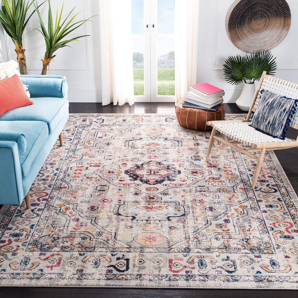 SAFAVIEH Area Rug 8x10 - Madison Collection - Large - Grey & Blue, Boho Chic Medallion Distressed Design, Non-Shedding & Easy Cleaning, Ideal for Living Room, Bedroom, Office, Dining Space (MAD468F)