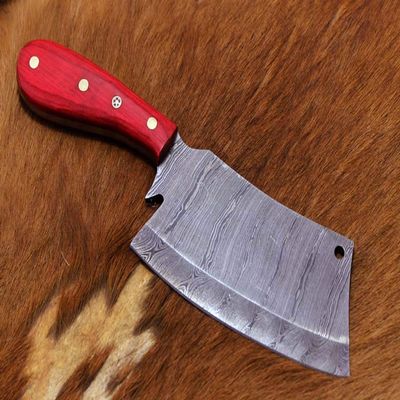 9.5" hand forged Damascus steel Butcher knife, Meat cleaver, Red color wood scale, Cow hide Leather sheath with belt loop (Red)
