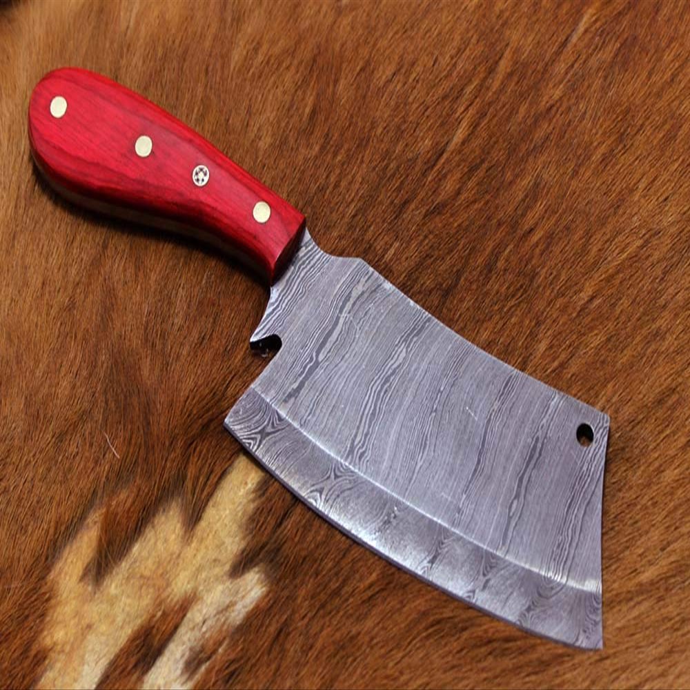 9.5" hand forged Damascus steel Butcher knife, Meat cleaver, Red color wood scale, Cow hide Leather sheath with belt loop (Red)