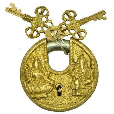 PARIJAT HANDICRAFT Door Lock Brass Handicraft Golden Finished Laxmi Ganesha Functional Combination Security Padlock.