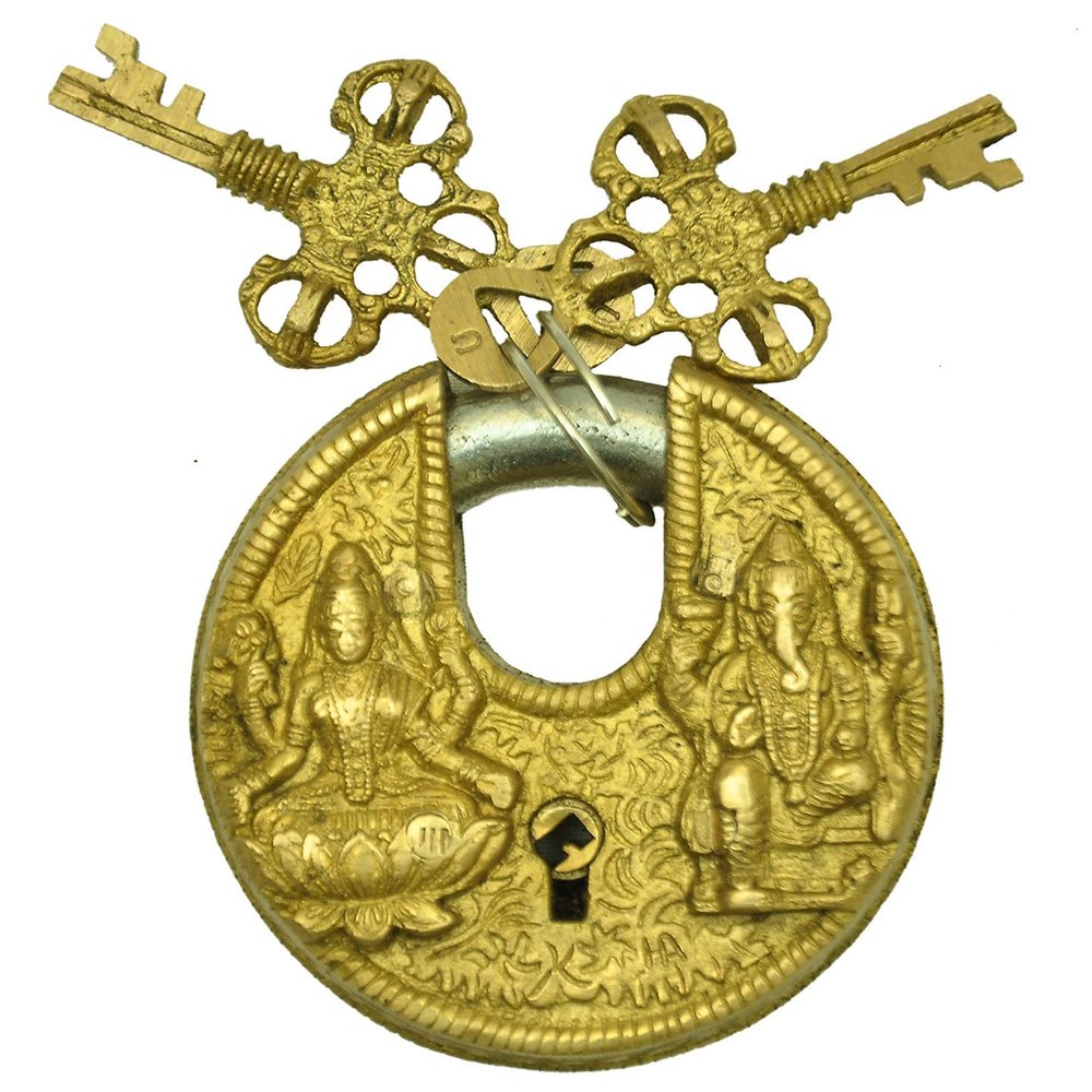PARIJAT HANDICRAFT Door Lock Brass Handicraft Golden Finished Laxmi Ganesha Functional Combination Security Padlock.