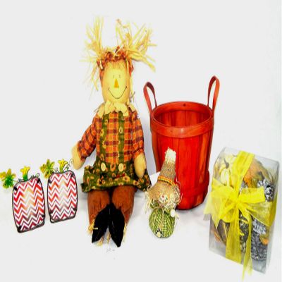 Home Fall Holiday Scarecrow Basket Gift Bundle Set