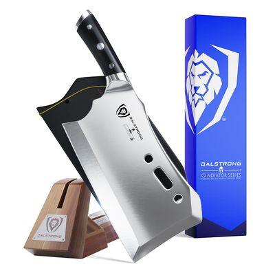 Dalstrong Obliterator Meat Cleaver Knife 9 inch - Wood Stand & Sheath - 3lbs 6mm Thick Butcher Knife - 7CR17MOV Carbon Steel - Gladiator Series R - Heavy Duty Chopping Knife - G10 Handle Chef's Knife