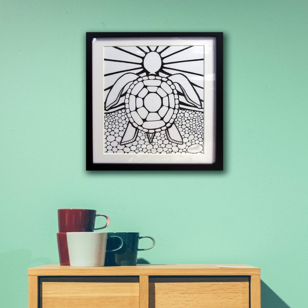 Zen Sea Turtle Graphic Arts Pen Black Marker Design Fine Art Original Drawing
