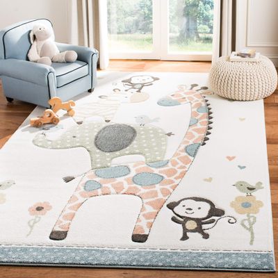 SAFAVIEH Carousel Kids Collection Area Rug - 5'3" x 7'6", Ivory, Animal Design, Non-Shedding & Easy Care, Ideal for High Traffic Areas for Boys & Girls in Playroom, Nursery, Bedroom (CRK120A)