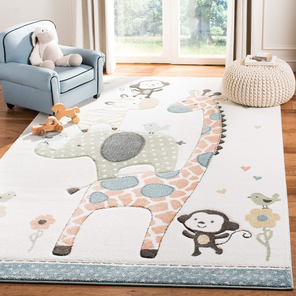 SAFAVIEH Carousel Kids Collection Area Rug - 5'3" x 7'6", Ivory, Animal Design, Non-Shedding & Easy Care, Ideal for High Traffic Areas for Boys & Girls in Playroom, Nursery, Bedroom (CRK120A)