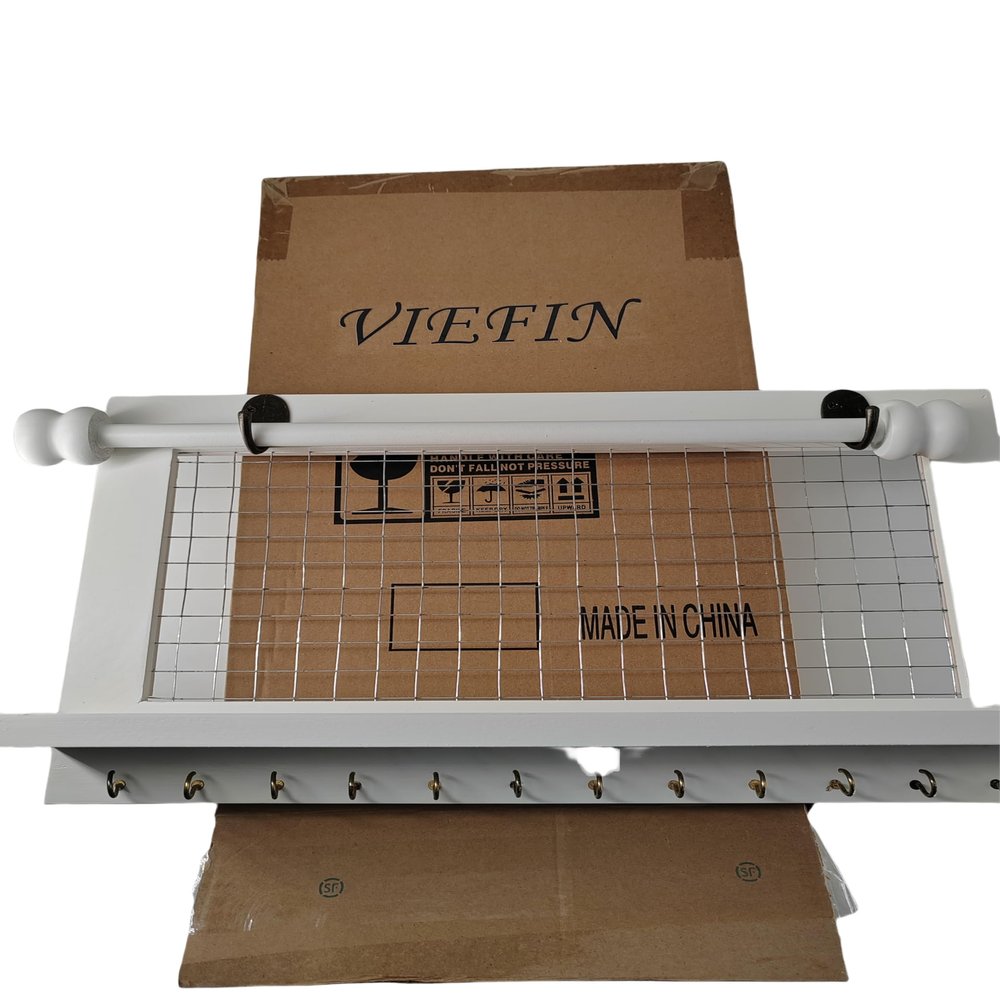 VIEFIN Rustic Jewelry Organizer Wall Mounted Jewelry Holder, Wood Earring Holder Display With Shelf And Hooks, Removable Rod For Bracelet Necklace Ring Bracelet - White
