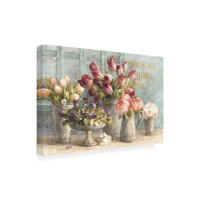 Wrapped Canvas Wall Art - Danhui NAI 'Marche Des Fleurs Blue Gold' Wall Art for Living Room, Bedroom, or Office Dcor - 16x24