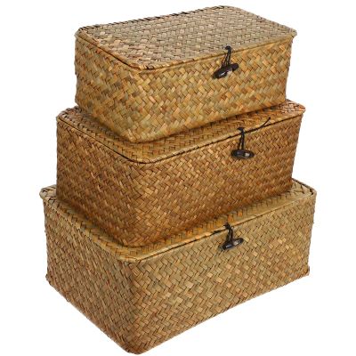 Rattan Storage Basket Makeup Organizer Multipurpose Container with Lid (S//L)