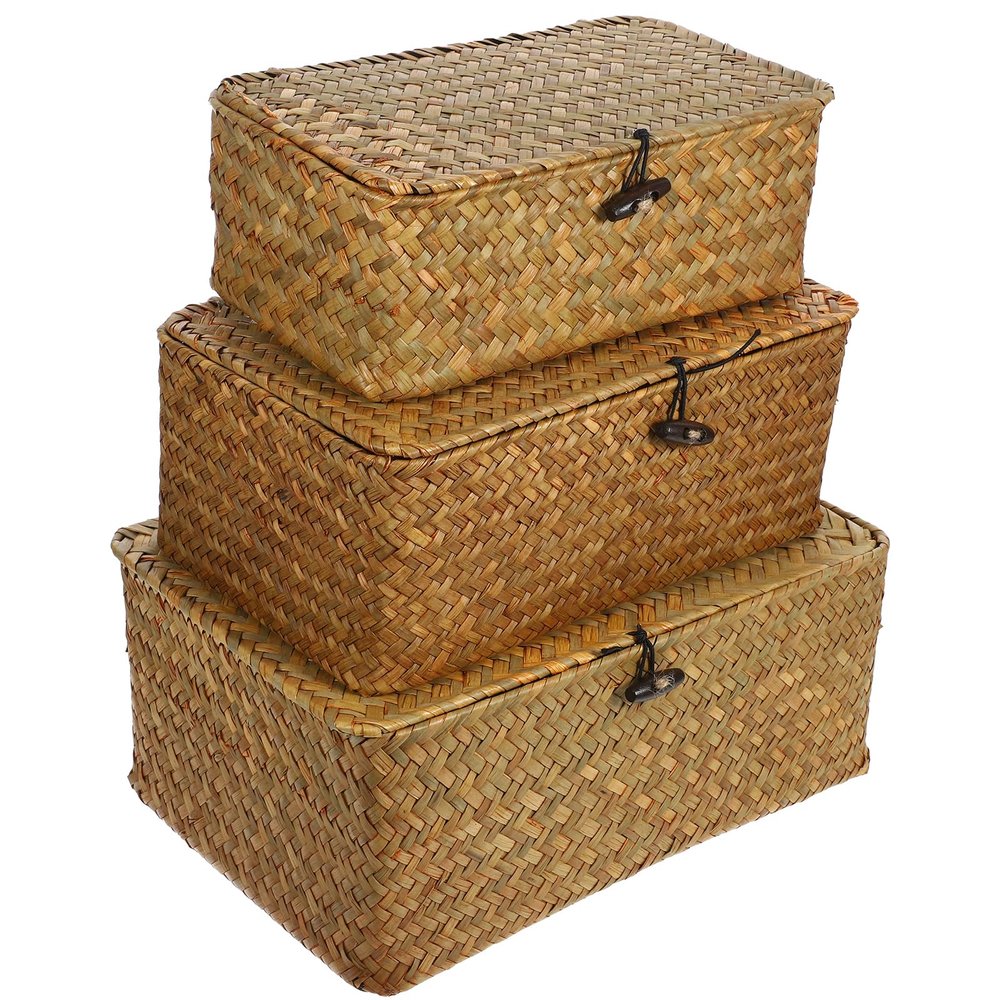 Rattan Storage Basket Makeup Organizer Multipurpose Container with Lid (S//L)