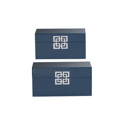 A & B Home Decorative Jewelry Boxes Organize Modern Oriental Style Set of 2 Blue with Silver Patterns 13.6" x 11.4"
