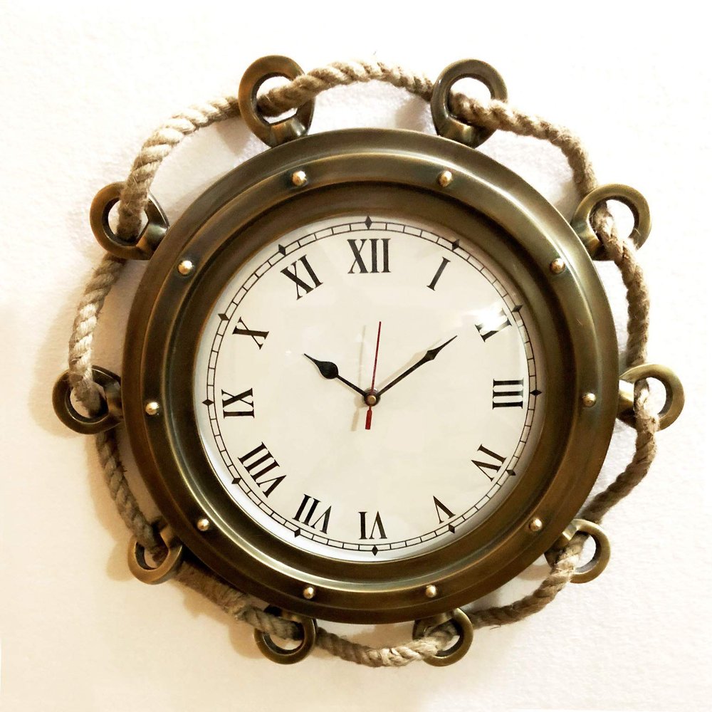 16" Antique Marine Jute Rope Ship Porthole Clock Nautical Wall Clock Home Decorative