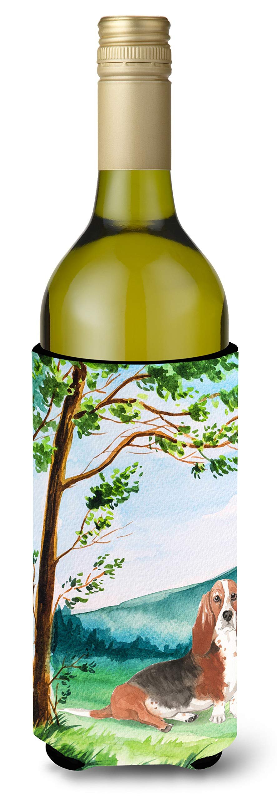 Caroline's Treasures CK2584LITERK Under The Tree Basset Hound Wine Bottle Hugger Bottle Cooler Sleeve Hugger Machine Washable Collapsible Insulator Beverage Insulated Holder