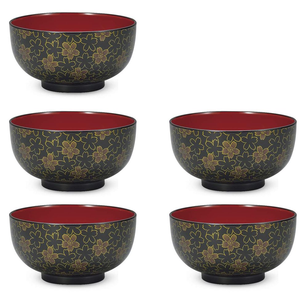 CtoC JAPAN Select CTC-724011 Bowl, Black, 5.9 x 3.0 inches (150 x 77 mm), Donburi, Cloth Bag Type, Black, Cherry Blossoms, Pack of 5