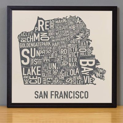 Framed San Francisco Neighborhoods Map Art Screen Print, Ivory & Grey, 12.5" x 12.5" in Black Frame