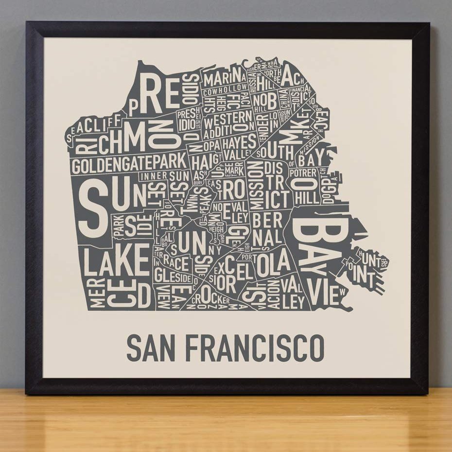 Framed San Francisco Neighborhoods Map Art Screen Print, Ivory & Grey, 12.5" x 12.5" in Black Frame