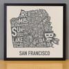 Framed San Francisco Neighborhoods Map Art Screen Print, Ivory & Grey, 12.5" x 12.5" in Black Frame view 1