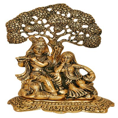 VRINDAVANBAZAAR.COM Radha Krishna Sitting Under Tree Idol Metal Statue Showpiece- Vrindavan Bazaar