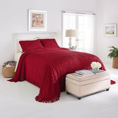 BrylaneHome Oversized Extra Wide Cotton Chenille Bedspread with Fringed Hems - Twin, Burgundy