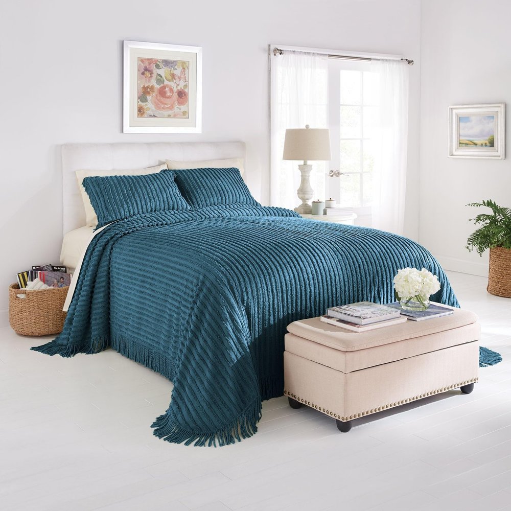 BrylaneHome Oversized Extra Wide Cotton Chenille Bedspread with Fringed Hems - King, Peacock