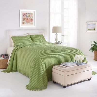 BrylaneHome Oversized Extra Wide Cotton Chenille Bedspread with Fringed Hems - Queen, Sage