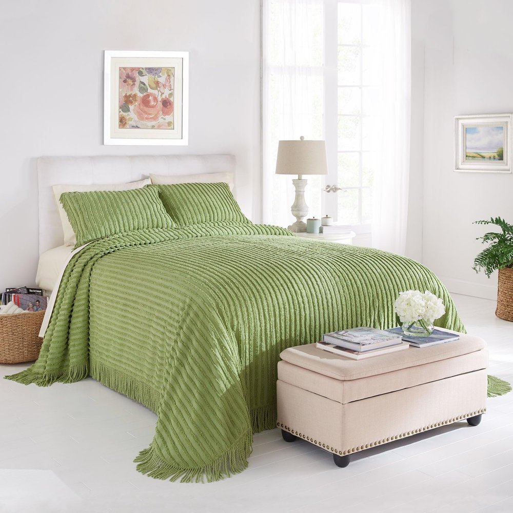 BrylaneHome Oversized Extra Wide Cotton Chenille Bedspread with Fringed Hems - Queen, Sage