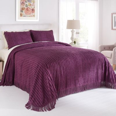 BrylaneHome Oversized Extra Wide Cotton Chenille Bedspread with Fringed Hems - Full, Eggplant