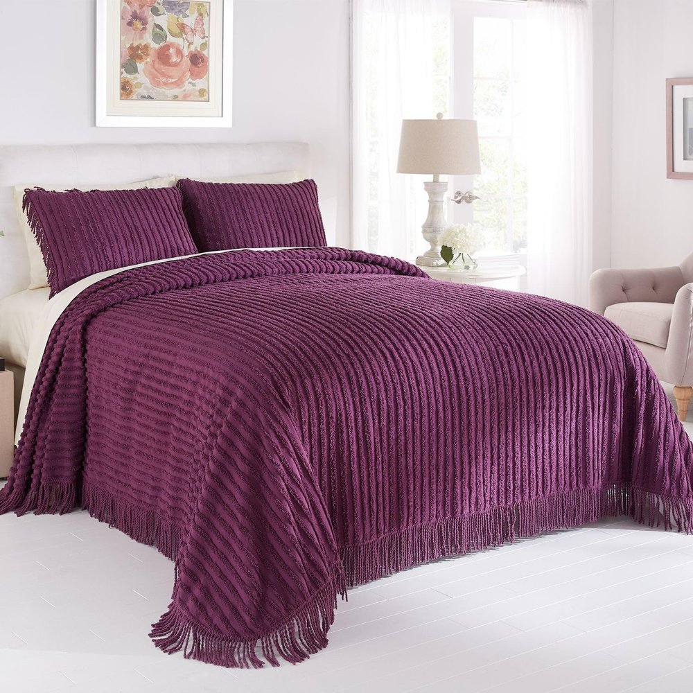 BrylaneHome Oversized Extra Wide Cotton Chenille Bedspread with Fringed Hems - Full, Eggplant