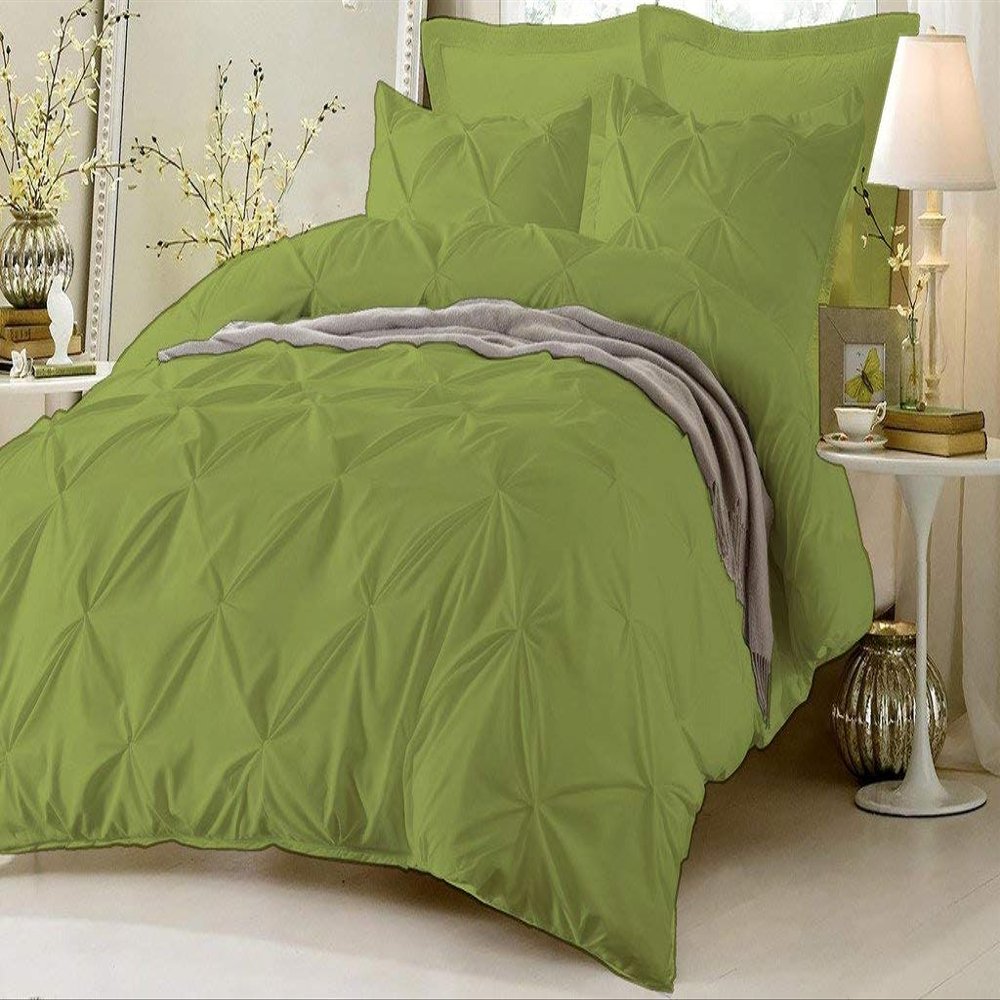 HR Luxury Linen Soft Luxurious 1-Piece Pinch Pleated Pintuck Decorative Quilt Duvet Cover with Corner Ties 100% Cotton 400 Thread Count Comforter Cover (Full/Queen, Olive)