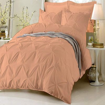 HR Luxury Linen Soft Luxurious 1-Piece Pinch Pleated Pintuck Decorative Quilt Duvet Cover with Corner Ties 100% Cotton 400 Thread Count Comforter Cover (Full/Queen, Peach)
