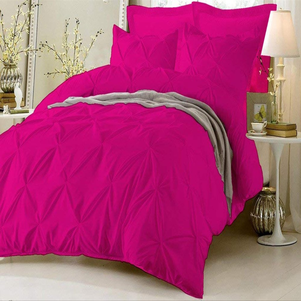 HR Luxury Linen Soft Luxurious 1-Piece Pinch Pleated Pintuck Decorative Quilt Duvet Cover with Corner Ties 100% Cotton 400 Thread Count Comforter Cover (Full/Queen, Hot Pink)